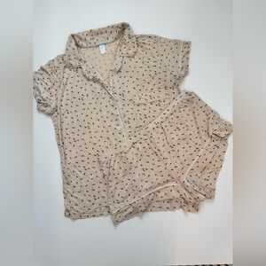 Eberjey Beige Short Sleeve Pajama Set with Tiny Black Print